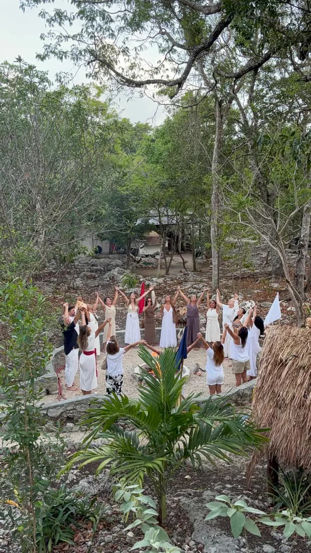 Conscious community in circle during a spiritual retreat in the Maya Jungle