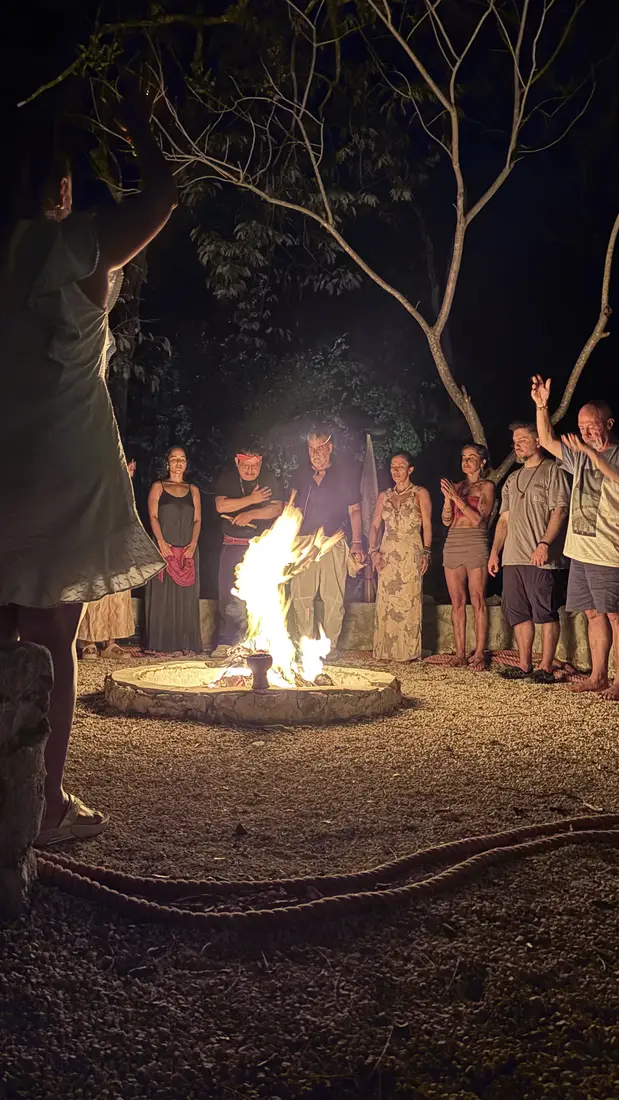 Fire ritual and bonfire at a spiritual retreat in the Maya Jungle