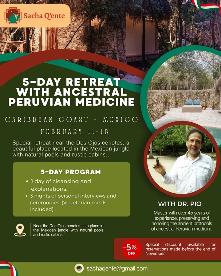 Sacha Q'ente retreat flyer at Pepem, Tulum, Mexico