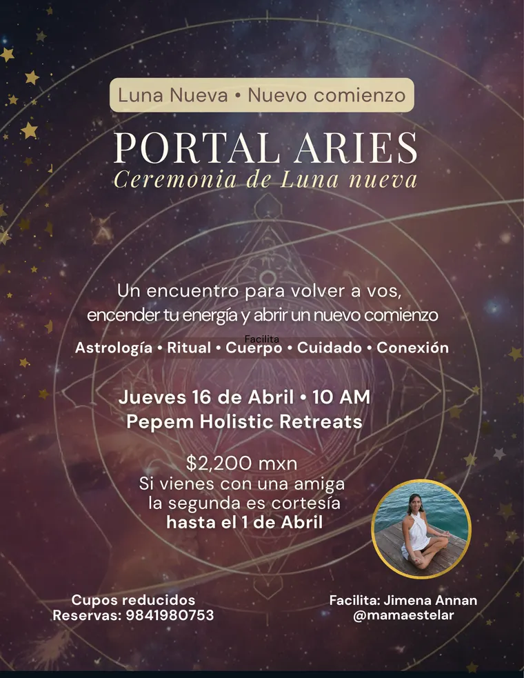 Portal Aries retreat flyer at Pepem, Tulum, Mexico