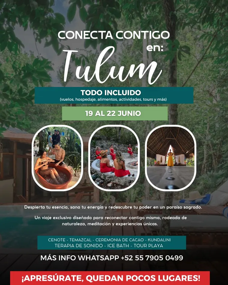 Conecta Contigo retreat flyer at Pepem, Tulum, Mexico
