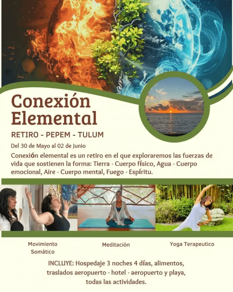 Conexión Elemental retreat flyer at Pepem, Tulum, Mexico