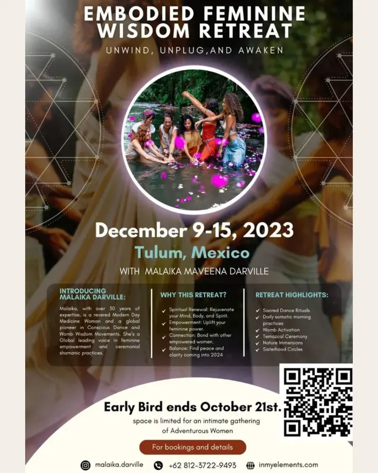 Embodied Feminine retreat flyer at Pepem, Tulum, Mexico