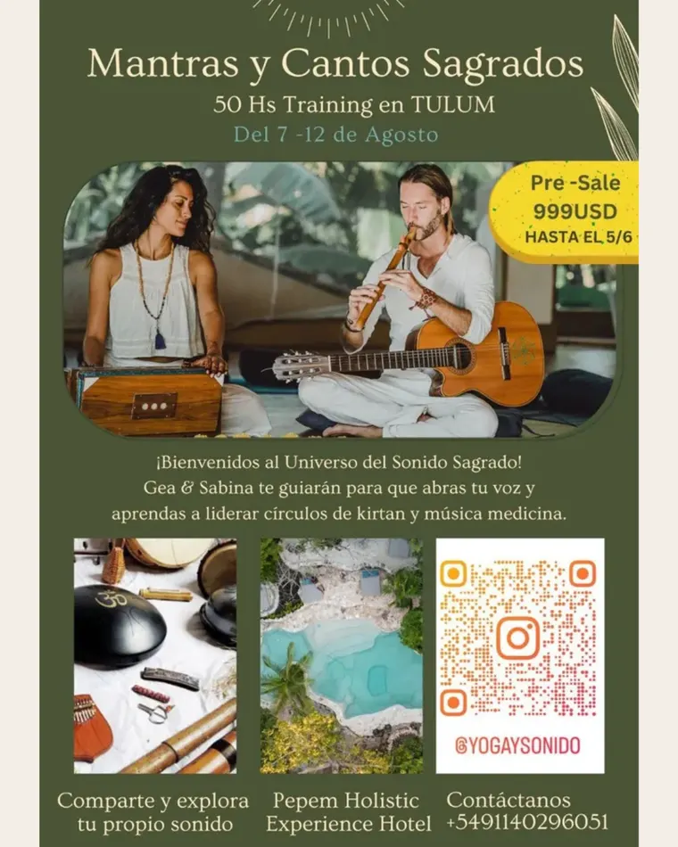 Mantras y Cantos Sagrados retreat flyer at Pepem, Tulum, Mexico