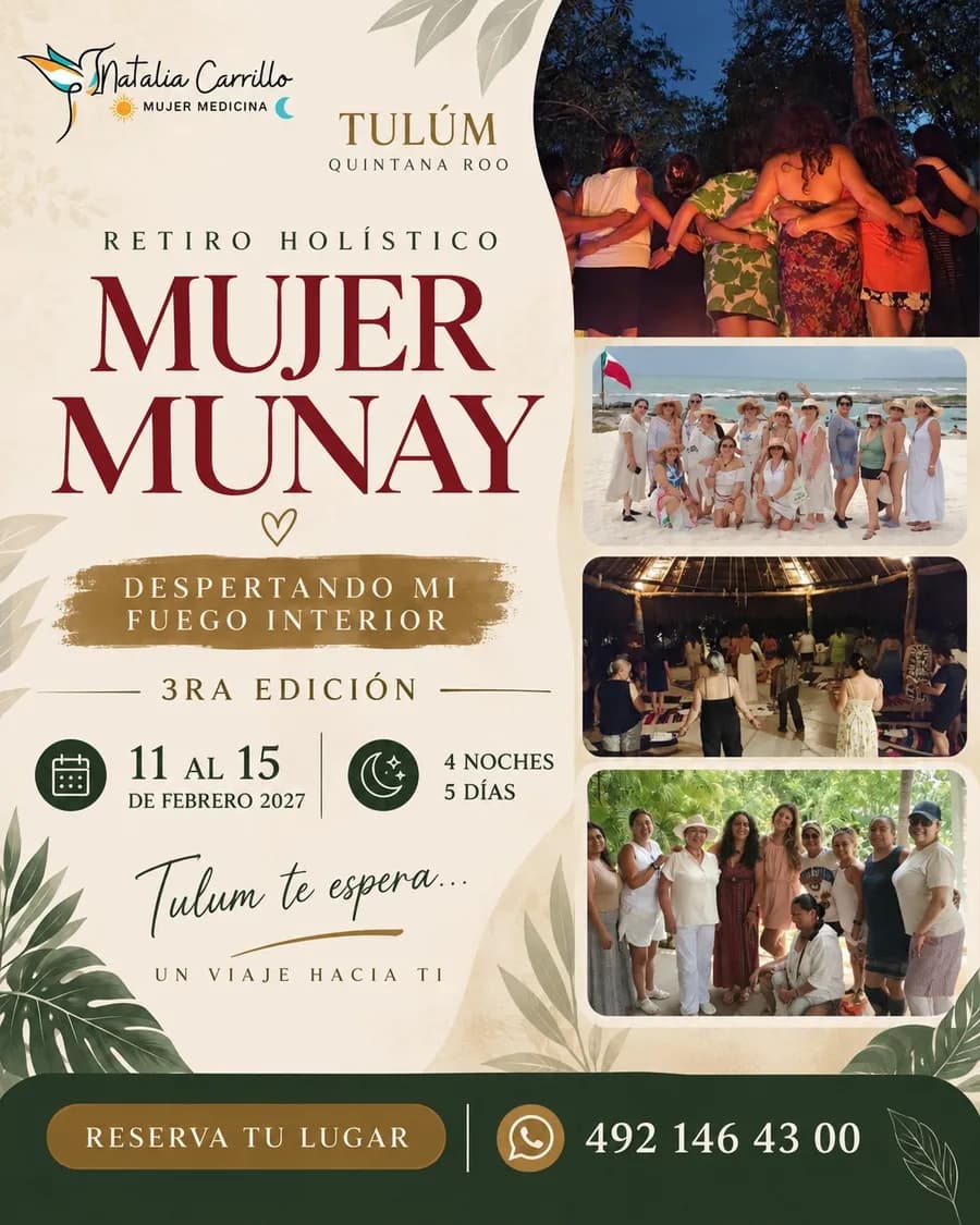 Flyer del retiro Mujer Munay en Pepem, Tulum — 11–15 de febrero de 2027