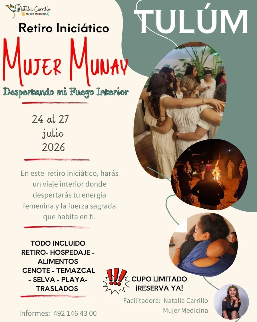 Mujer Munay retreat flyer at Pepem, Tulum — July 24–27, 2026