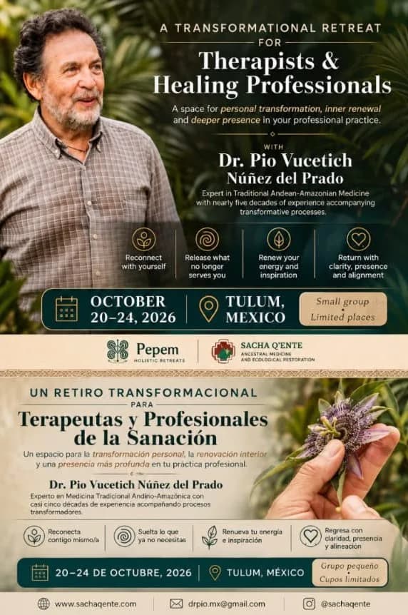 Flyer del retiro Terapeutas y Profesionales de la Sanación en Pepem, Tulum — 20–24 de octubre de 2026