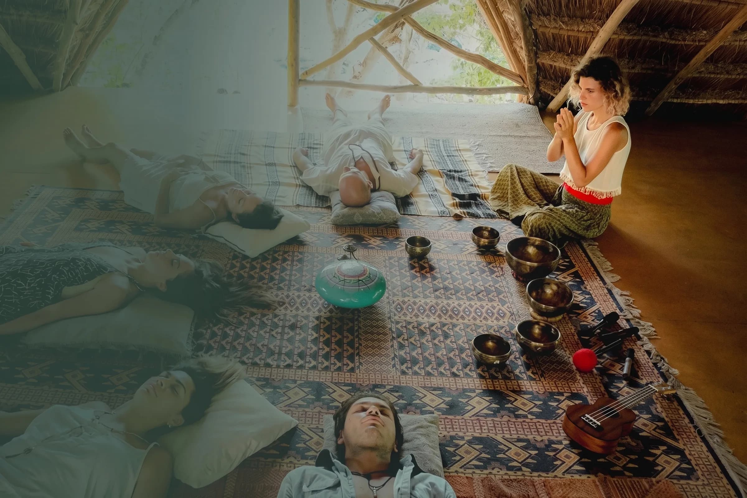 Sound healing session with Tibetan bowls at the Pepem shala, during a retreat in the Maya Jungle of Tulum