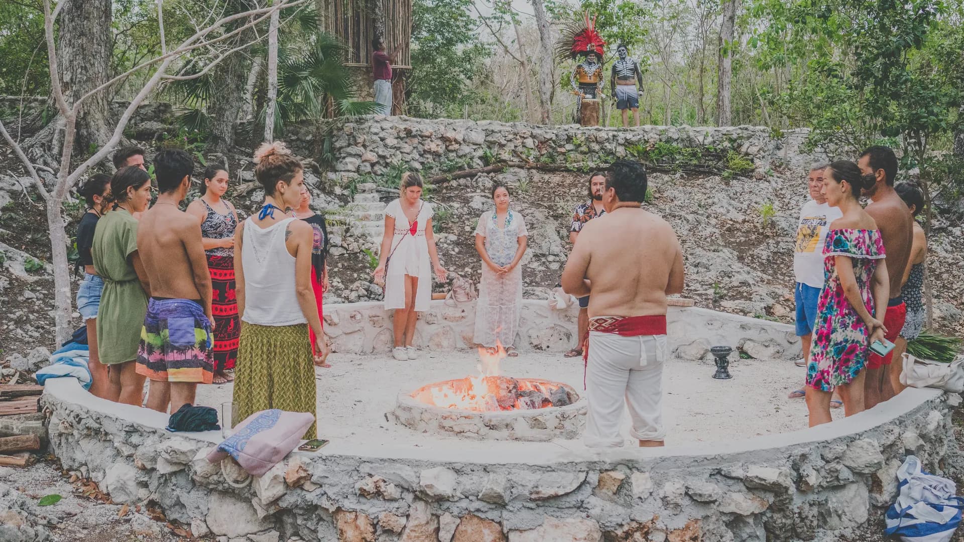 Sacred fire ceremony with Maya dancers at Pepem retreat center, Tulum